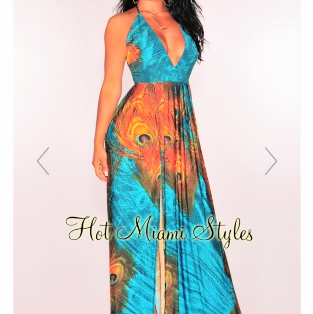 HMS-Emerald Peacock Plunging Halter Maxi Dress-L